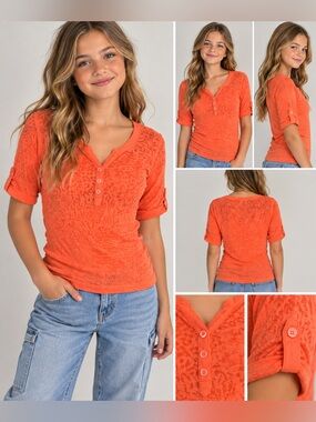 L.E.I. Life Energy Intelligence Girls Orange Y2K Inspired Henley Top Size L